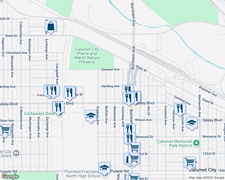map of restaurants, bars, coffee shops, grocery stores, and more near 434 Mackinaw Avenue in Calumet City