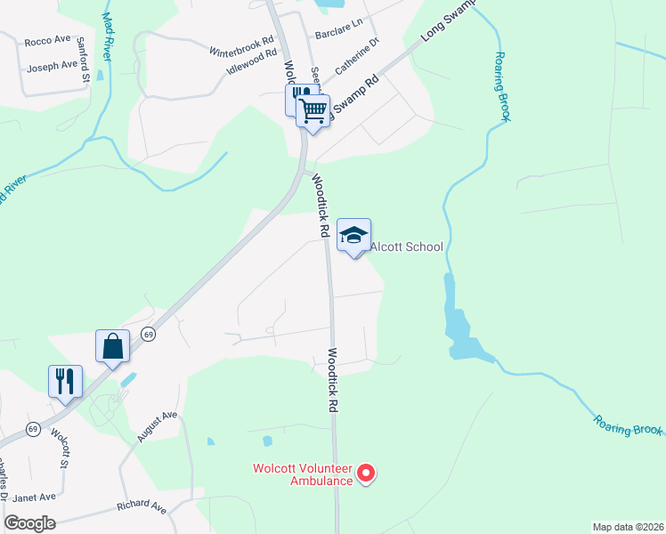 map of restaurants, bars, coffee shops, grocery stores, and more near 1490 Woodtick Road in Wolcott