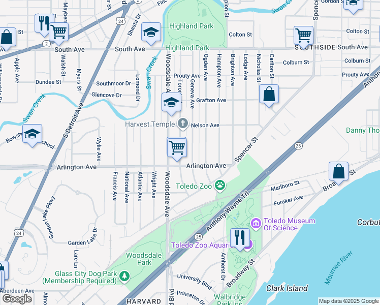 map of restaurants, bars, coffee shops, grocery stores, and more near 860 Geneva Avenue in Toledo