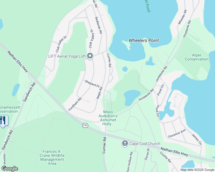 map of restaurants, bars, coffee shops, grocery stores, and more near 409 Currier Road in Falmouth