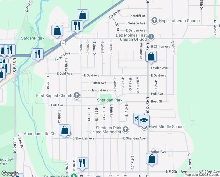 map of restaurants, bars, coffee shops, grocery stores, and more near 3106 East 40th Court in Des Moines