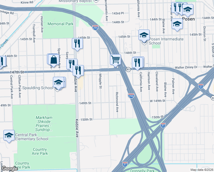 map of restaurants, bars, coffee shops, grocery stores, and more near 14821 Sacramento Avenue in Posen