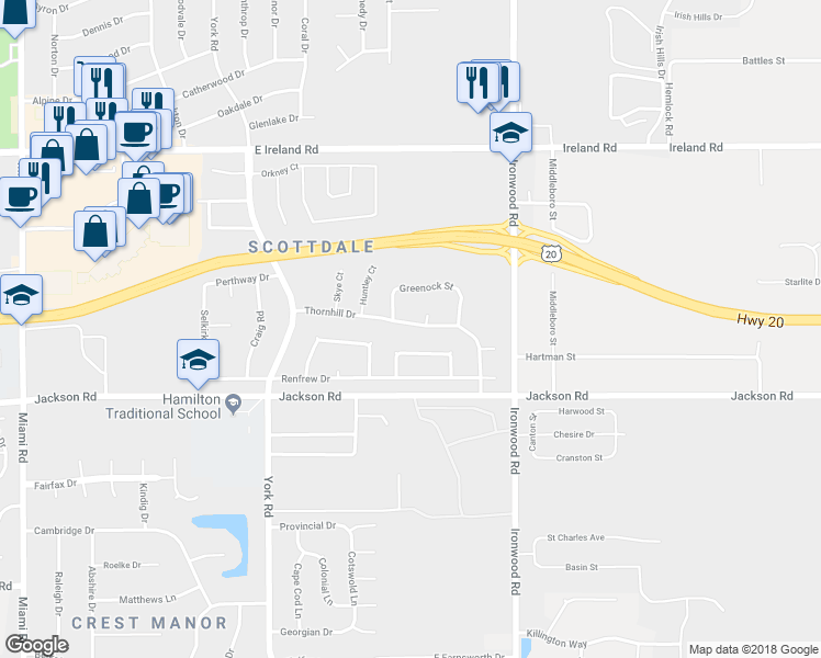 map of restaurants, bars, coffee shops, grocery stores, and more near 1938 Thornhill Drive in South Bend