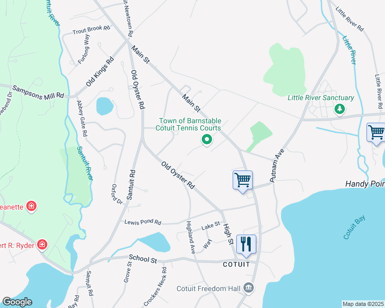 map of restaurants, bars, coffee shops, grocery stores, and more near 140 Old Oyster Road in Barnstable