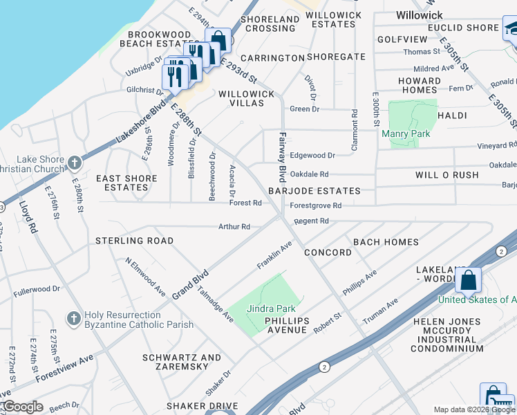 map of restaurants, bars, coffee shops, grocery stores, and more near 29853 Arthur Road in Wickliffe