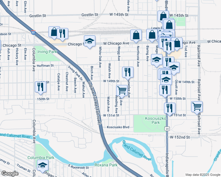 map of restaurants, bars, coffee shops, grocery stores, and more near 4939 Walsh Avenue in East Chicago