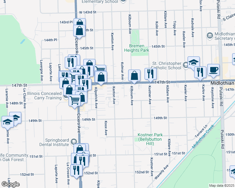 map of restaurants, bars, coffee shops, grocery stores, and more near Kenton Avenue in Midlothian