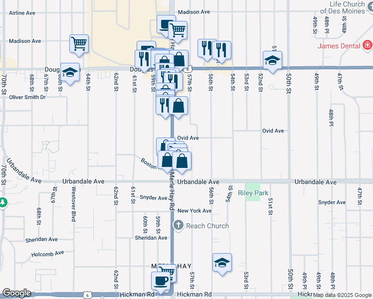map of restaurants, bars, coffee shops, grocery stores, and more near 3201 57th Street in Des Moines