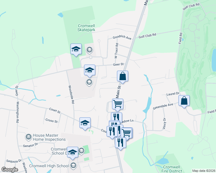 map of restaurants, bars, coffee shops, grocery stores, and more near 8 Wildwood Road in Cromwell