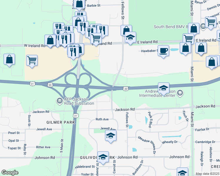 map of restaurants, bars, coffee shops, grocery stores, and more near Saint Joseph Valley Parkway in South Bend