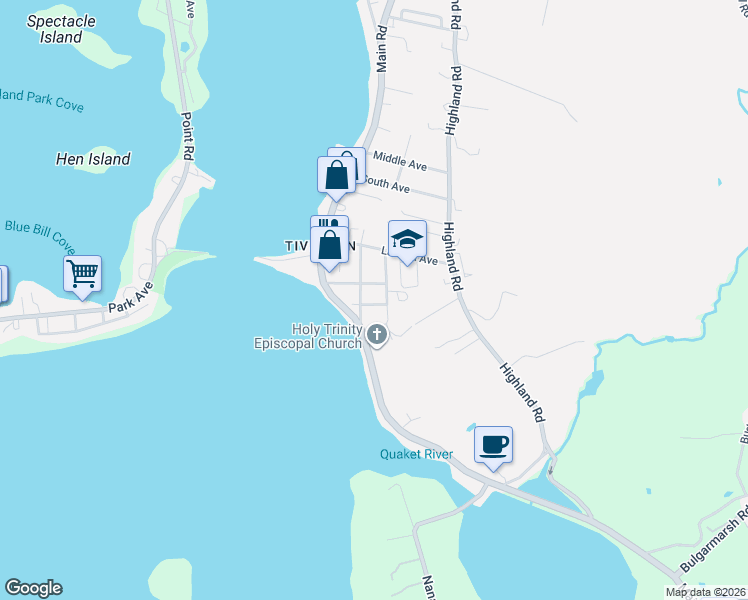 map of restaurants, bars, coffee shops, grocery stores, and more near 32 Seaconnet Avenue in Tiverton
