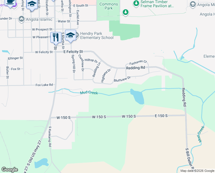 map of restaurants, bars, coffee shops, grocery stores, and more near 606 Bluffview Drive in Angola