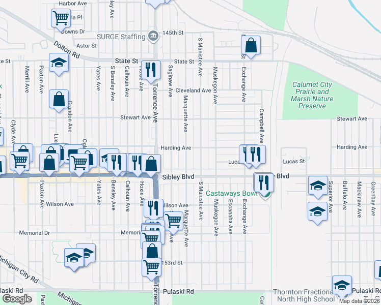 map of restaurants, bars, coffee shops, grocery stores, and more near 453 Marquette Avenue in Calumet City