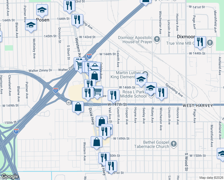 map of restaurants, bars, coffee shops, grocery stores, and more near 2229 Joliet Street in Dixmoor