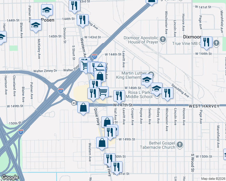 map of restaurants, bars, coffee shops, grocery stores, and more near 2229 Joliet Street in Dixmoor