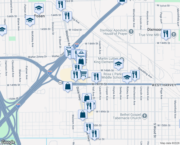 map of restaurants, bars, coffee shops, grocery stores, and more near 2229 Joliet Street in Dixmoor