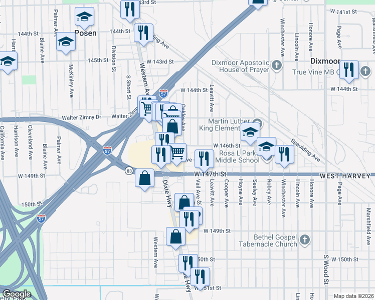 map of restaurants, bars, coffee shops, grocery stores, and more near 2229 Joliet Street in Dixmoor
