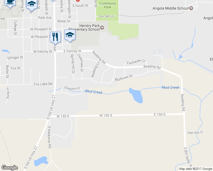 map of restaurants, bars, coffee shops, grocery stores, and more near 606 Bluffview Drive in Angola