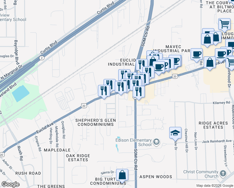map of restaurants, bars, coffee shops, grocery stores, and more near 105 Cromwell Avenue in Willoughby