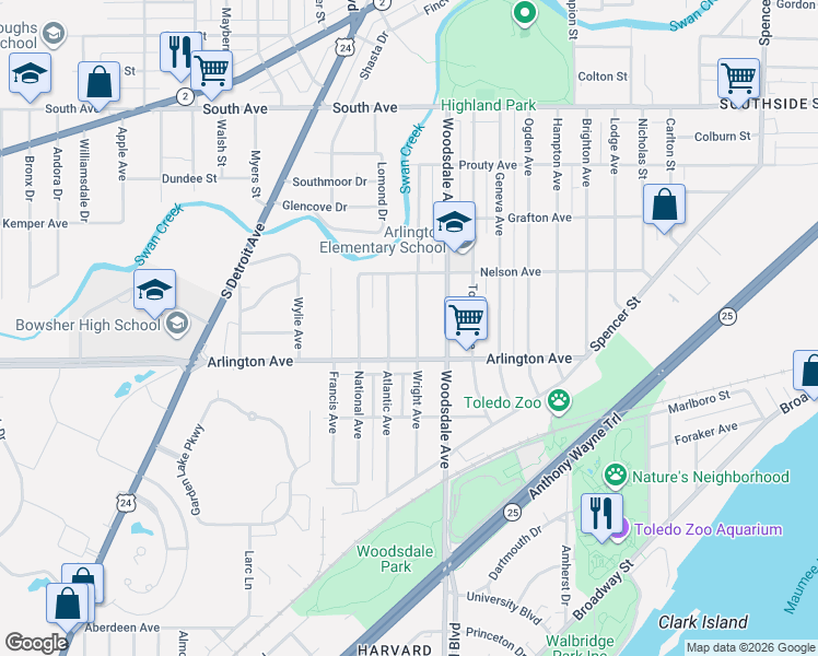 map of restaurants, bars, coffee shops, grocery stores, and more near 1856 Arlington Avenue in Toledo