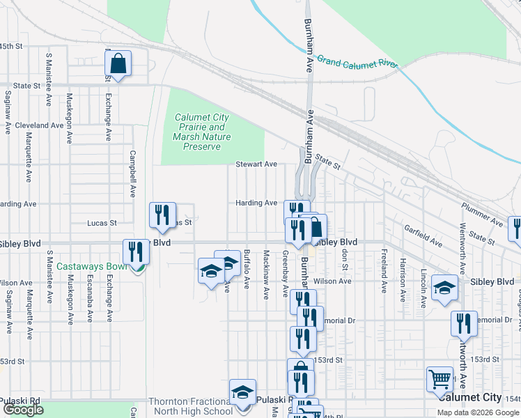 map of restaurants, bars, coffee shops, grocery stores, and more near 405 Buffalo Avenue in Calumet City