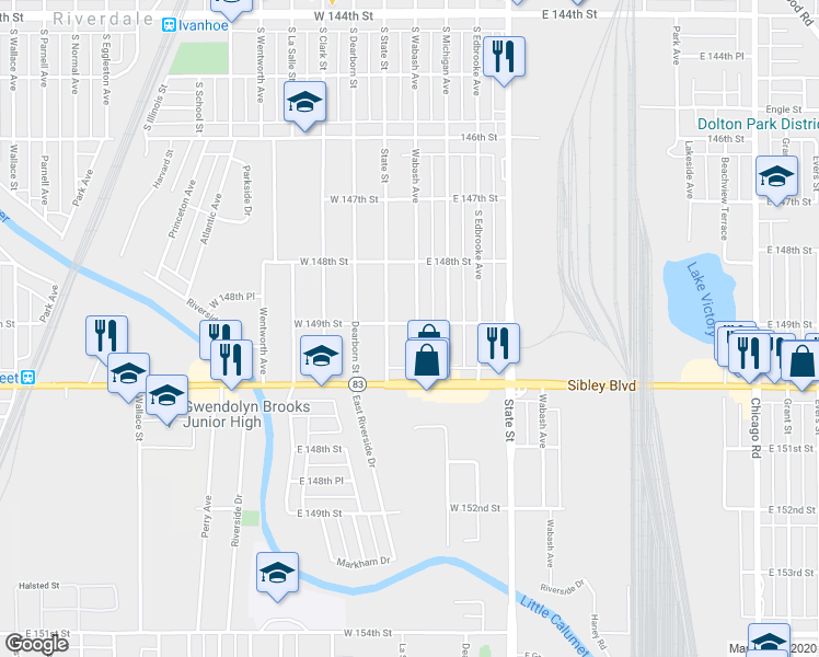 map of restaurants, bars, coffee shops, grocery stores, and more near 14900 Wabash Avenue in Dolton