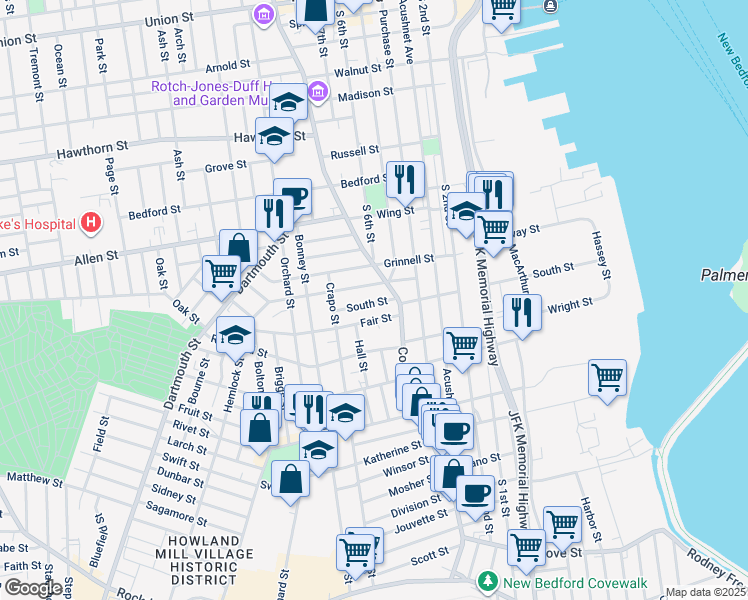 map of restaurants, bars, coffee shops, grocery stores, and more near 271 County Street in New Bedford
