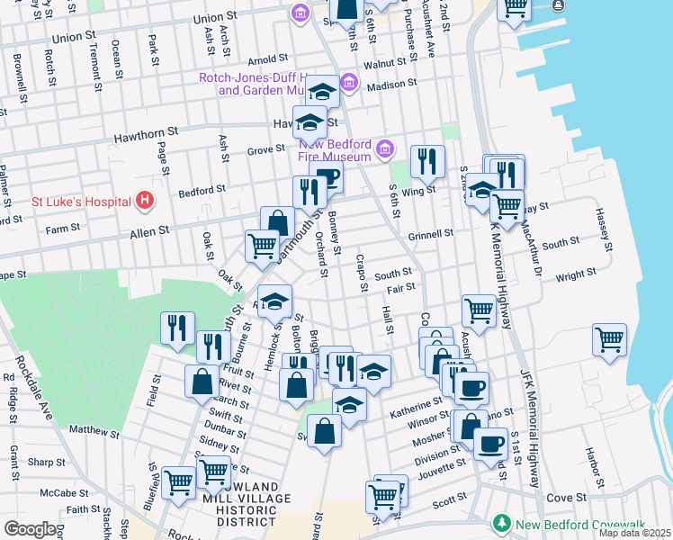 map of restaurants, bars, coffee shops, grocery stores, and more near 180 Grinnell Street in New Bedford