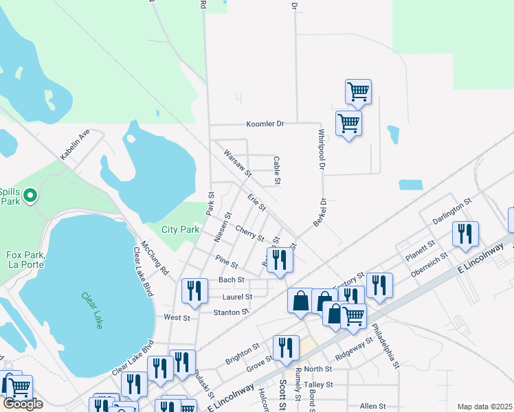 map of restaurants, bars, coffee shops, grocery stores, and more near 539 Niesen Street in La Porte
