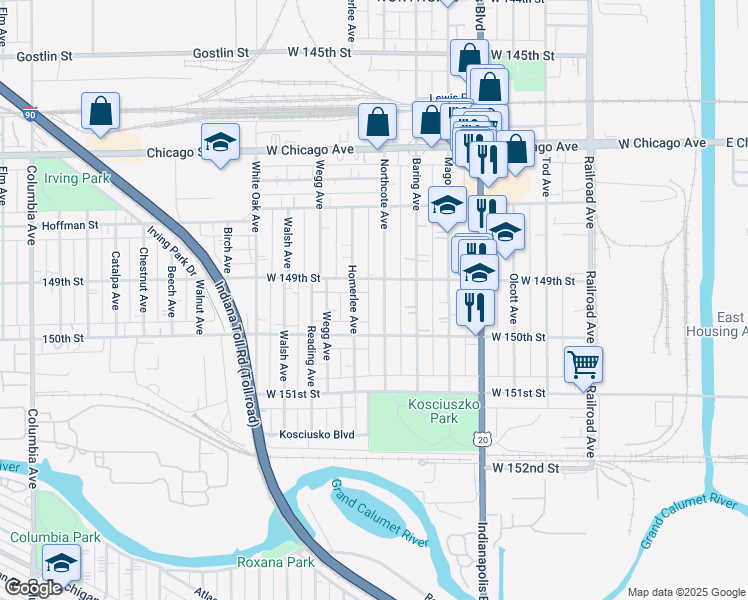 map of restaurants, bars, coffee shops, grocery stores, and more near 4859 Homerlee Avenue in East Chicago