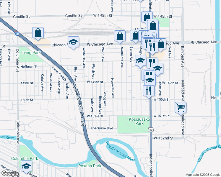 map of restaurants, bars, coffee shops, grocery stores, and more near 4859 Homerlee Avenue in East Chicago