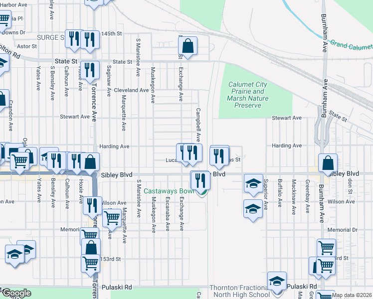 map of restaurants, bars, coffee shops, grocery stores, and more near 1101 Herbert Breclaw Drive in Calumet City