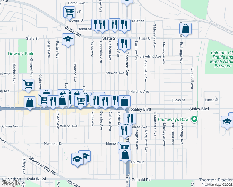 map of restaurants, bars, coffee shops, grocery stores, and more near 411 Calhoun Avenue in Calumet City