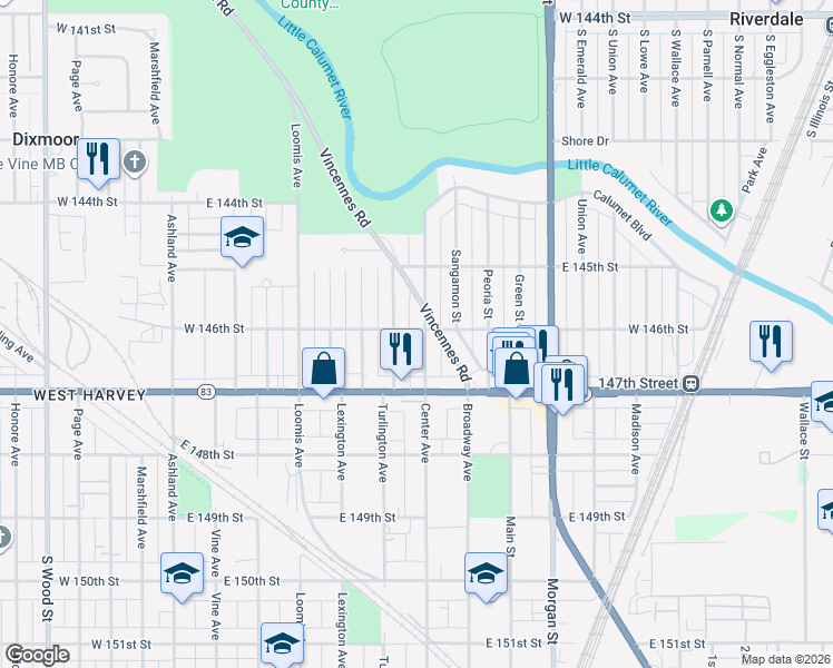 map of restaurants, bars, coffee shops, grocery stores, and more near 14534 Center Avenue in Harvey