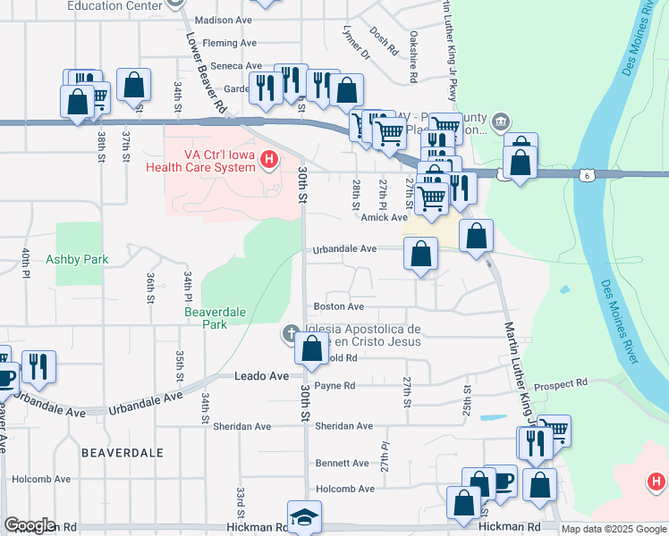 map of restaurants, bars, coffee shops, grocery stores, and more near 2809 Urbandale Avenue in Des Moines