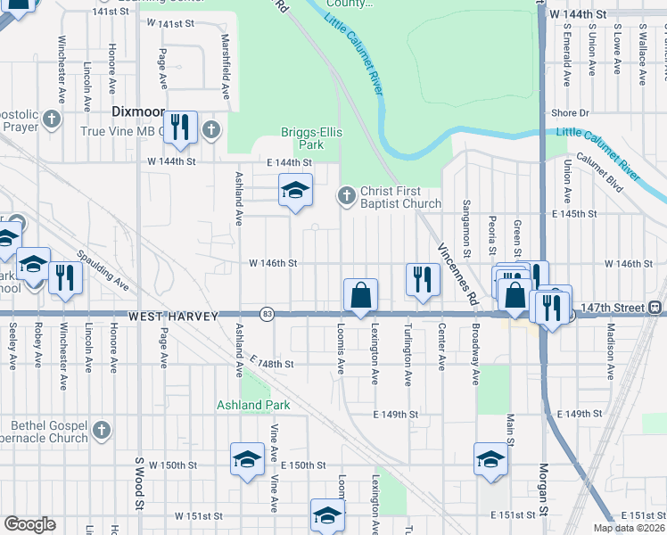map of restaurants, bars, coffee shops, grocery stores, and more near 14535 Loomis Avenue in Harvey