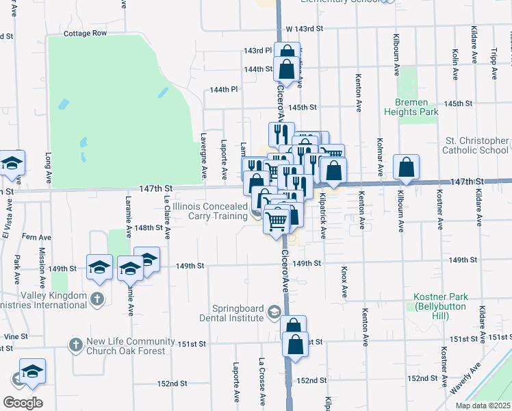 map of restaurants, bars, coffee shops, grocery stores, and more near 4901 147th Street in Midlothian