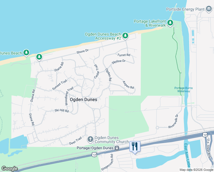 map of restaurants, bars, coffee shops, grocery stores, and more near 77 Ogden Road in Ogden Dunes