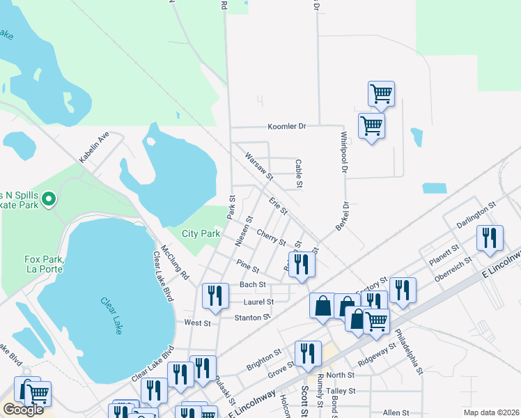 map of restaurants, bars, coffee shops, grocery stores, and more near 527 Niesen Street in La Porte