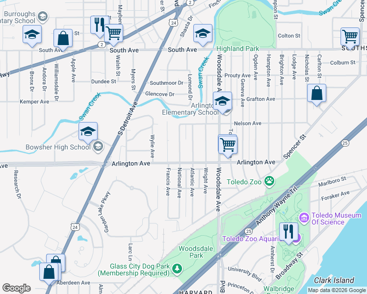 map of restaurants, bars, coffee shops, grocery stores, and more near 828 National Avenue in Toledo