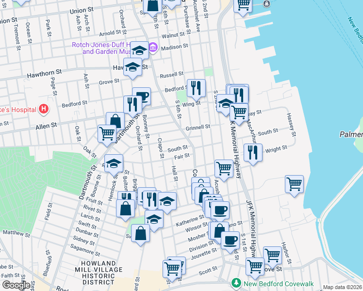 map of restaurants, bars, coffee shops, grocery stores, and more near 271 County Street in New Bedford
