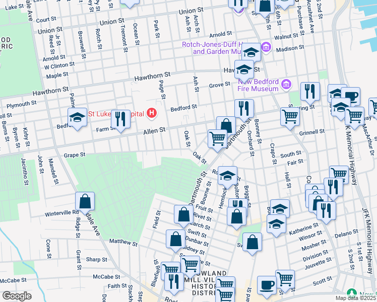 map of restaurants, bars, coffee shops, grocery stores, and more near 54 Oak Street in New Bedford