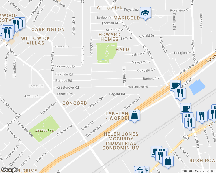 map of restaurants, bars, coffee shops, grocery stores, and more near 30100 Forestgrove Road in Willowick