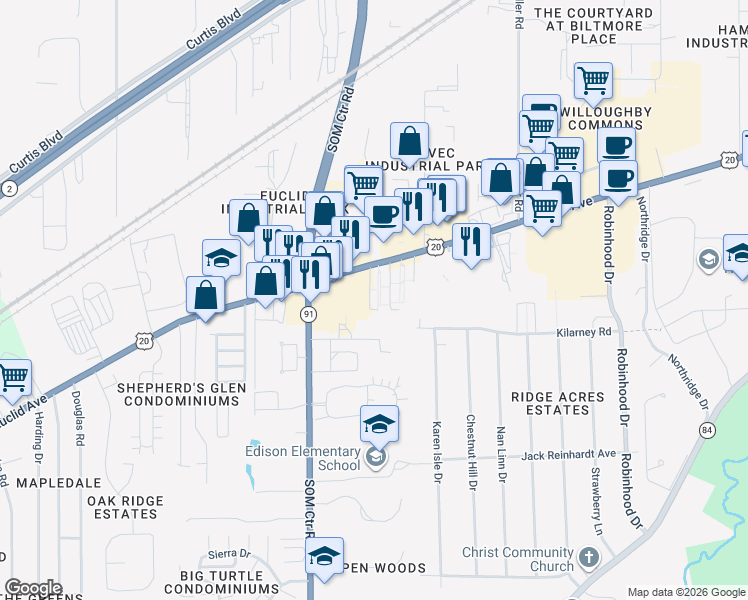 map of restaurants, bars, coffee shops, grocery stores, and more near 35400 Euclid Avenue in Willoughby
