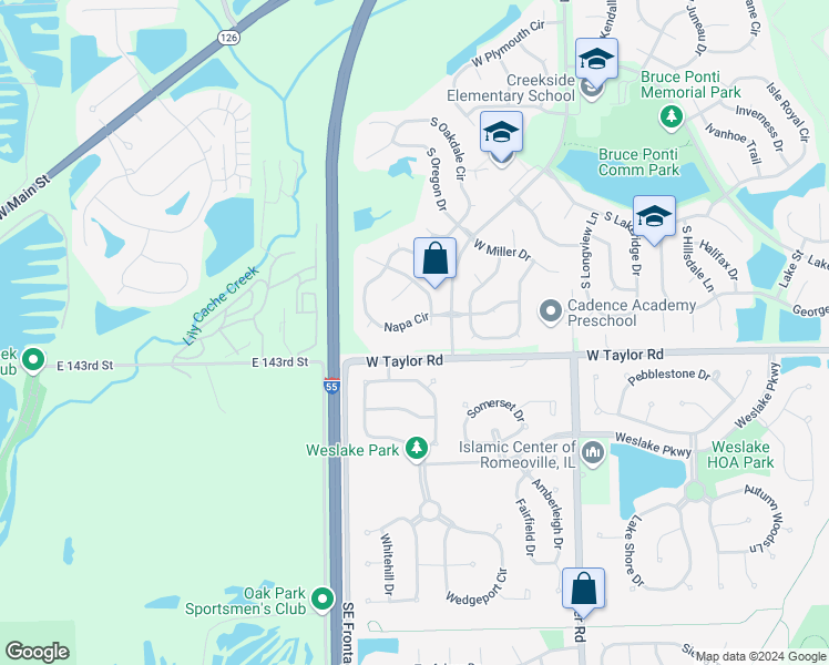 map of restaurants, bars, coffee shops, grocery stores, and more near 14262 South Napa Circle in Plainfield