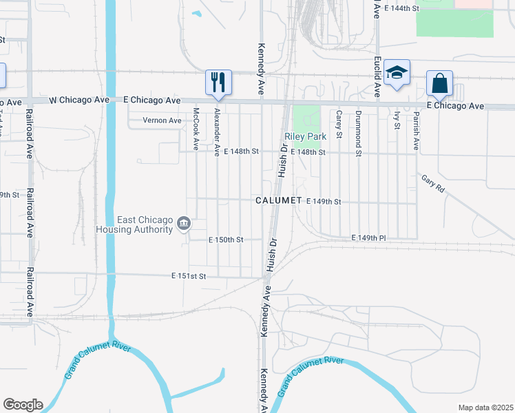 map of restaurants, bars, coffee shops, grocery stores, and more near 4906 Kennedy Avenue in East Chicago