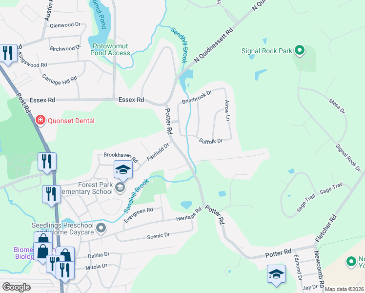 map of restaurants, bars, coffee shops, grocery stores, and more near 20 Briarbrook Drive in North Kingstown