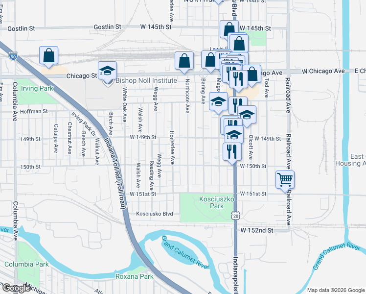 map of restaurants, bars, coffee shops, grocery stores, and more near 4859 Homerlee Avenue in East Chicago