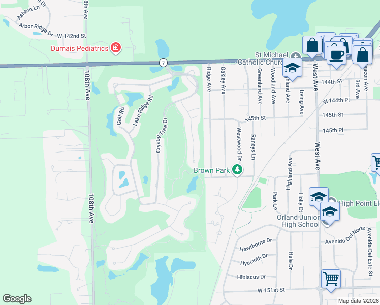 map of restaurants, bars, coffee shops, grocery stores, and more near 14540 Morningside Road in Orland Park
