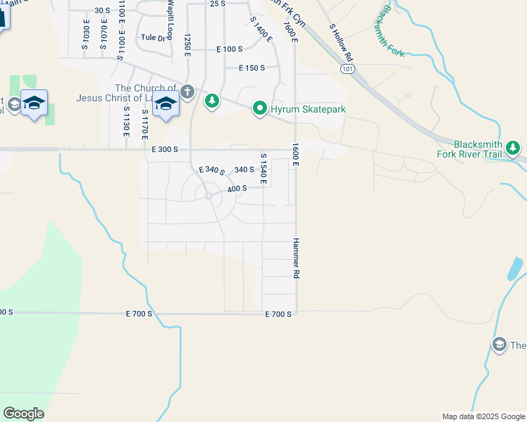 map of restaurants, bars, coffee shops, grocery stores, and more near 1400 East in Hyrum
